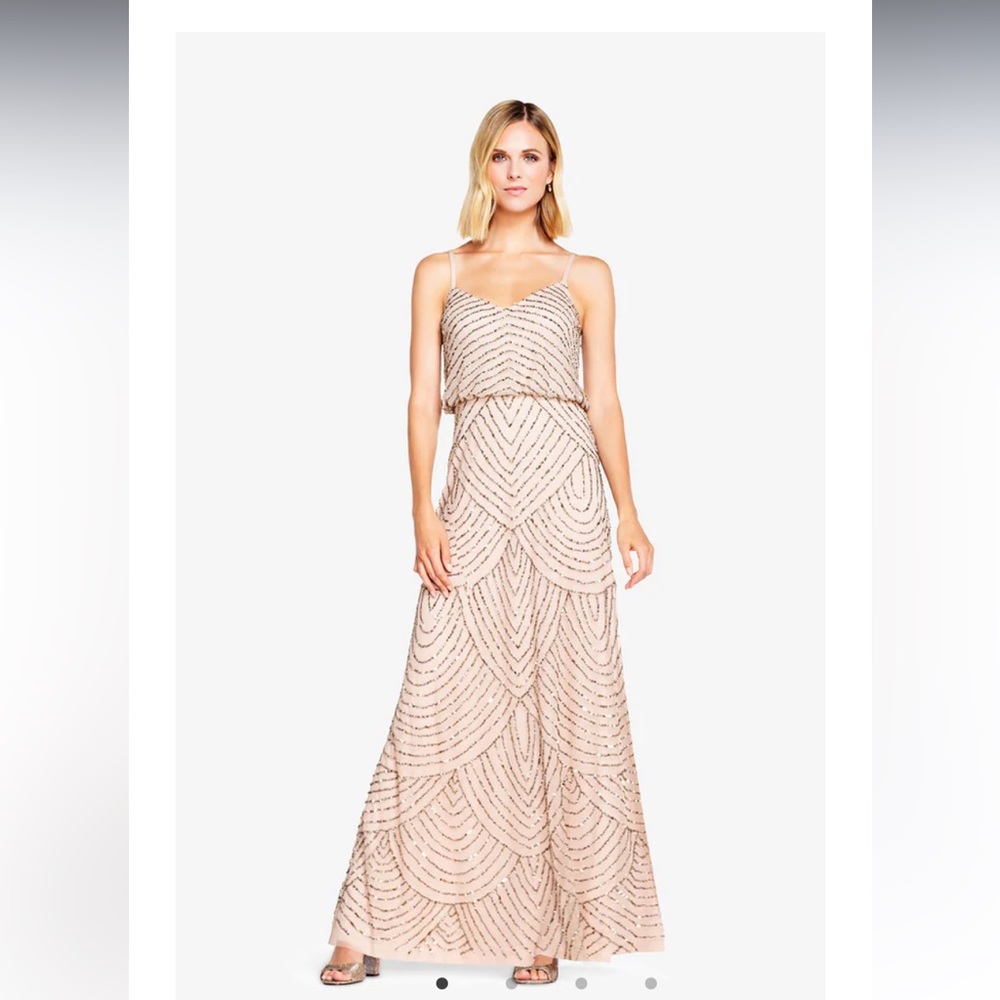 ADRIANNA PAPELL ART DECO BEADED BLOUSON GOWN IN TAUPE PINK SIZE 16
